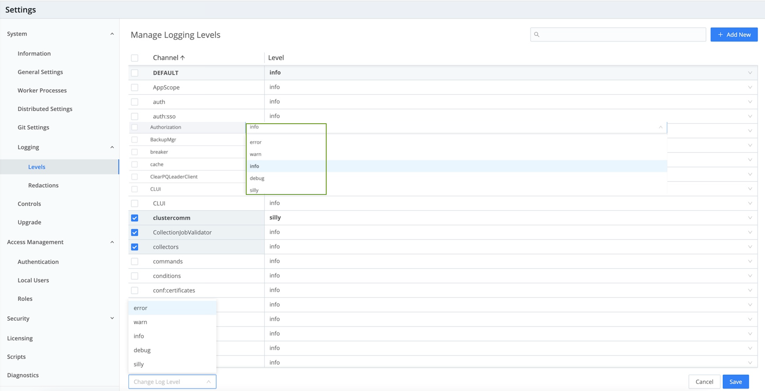 Manage Logging Levels page