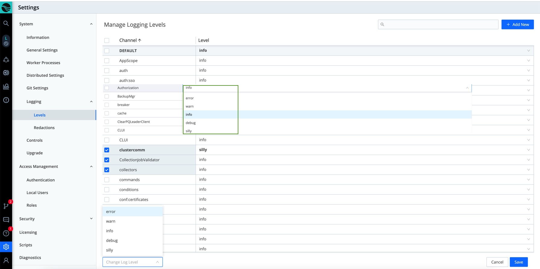 Manage Logging Levels page