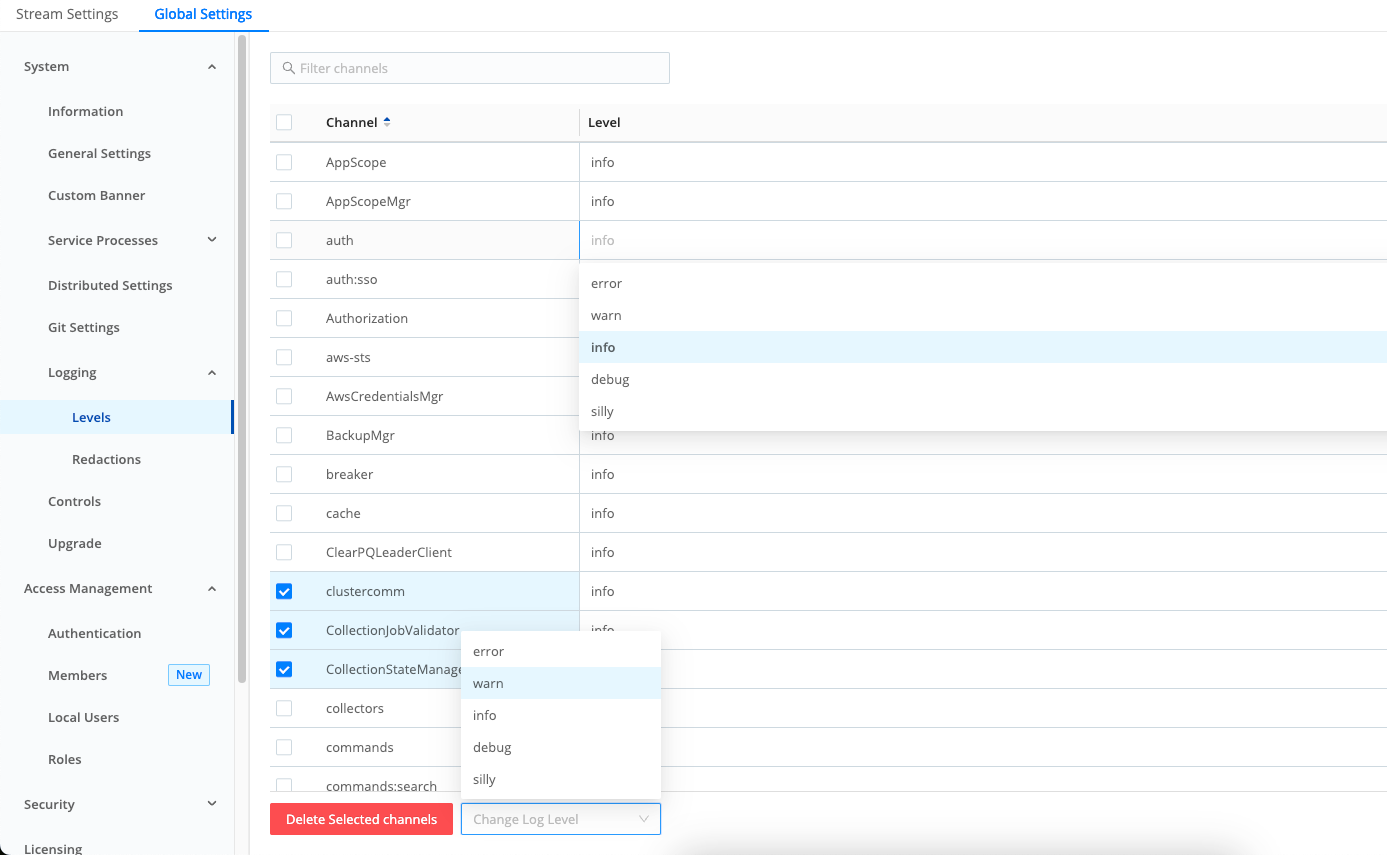 Manage Logging Levels page