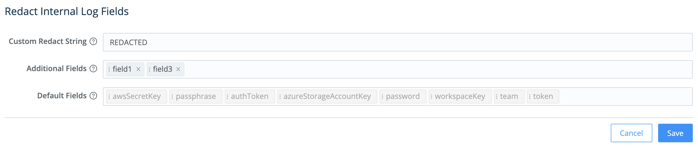 Redact Internal Log Fields page