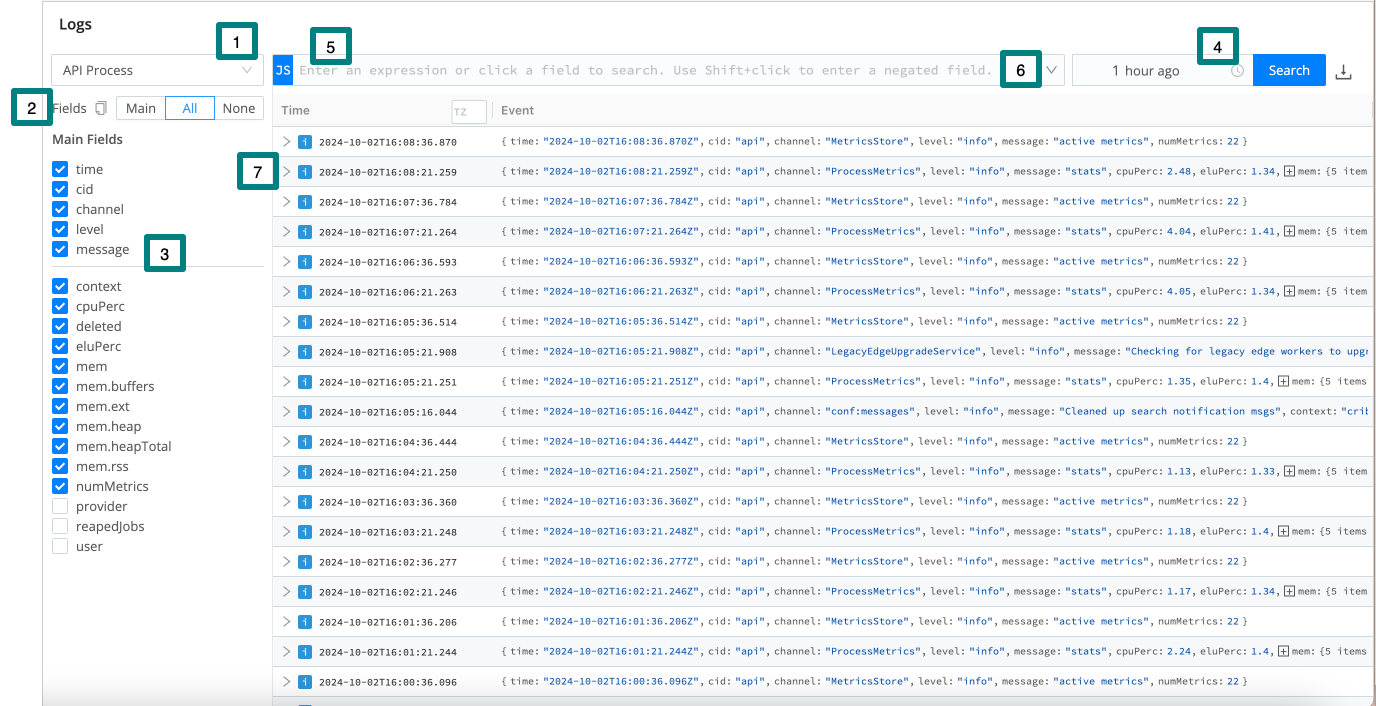 Logs page with controls highlighted