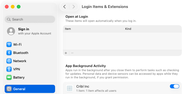 macOS settings screen with Cribl enabled in App Background Activity