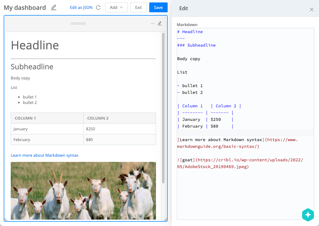 Cribl Search Dashboard in edit mode with a Markdown panel, Markdown editor on the right and preview on the left.
