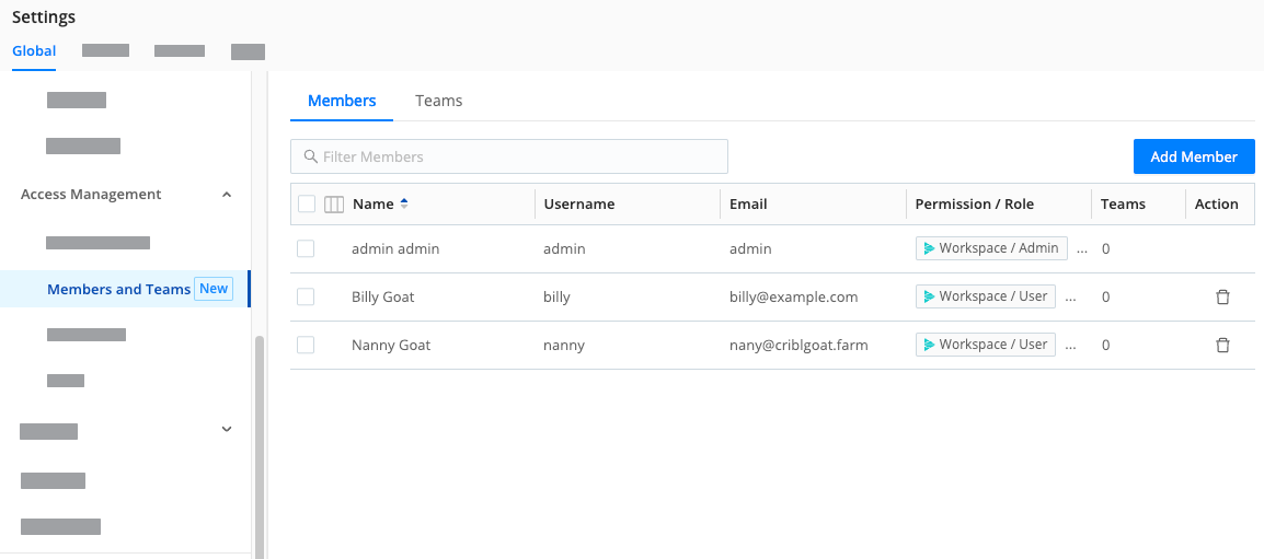 Members page in an on-prem deployment