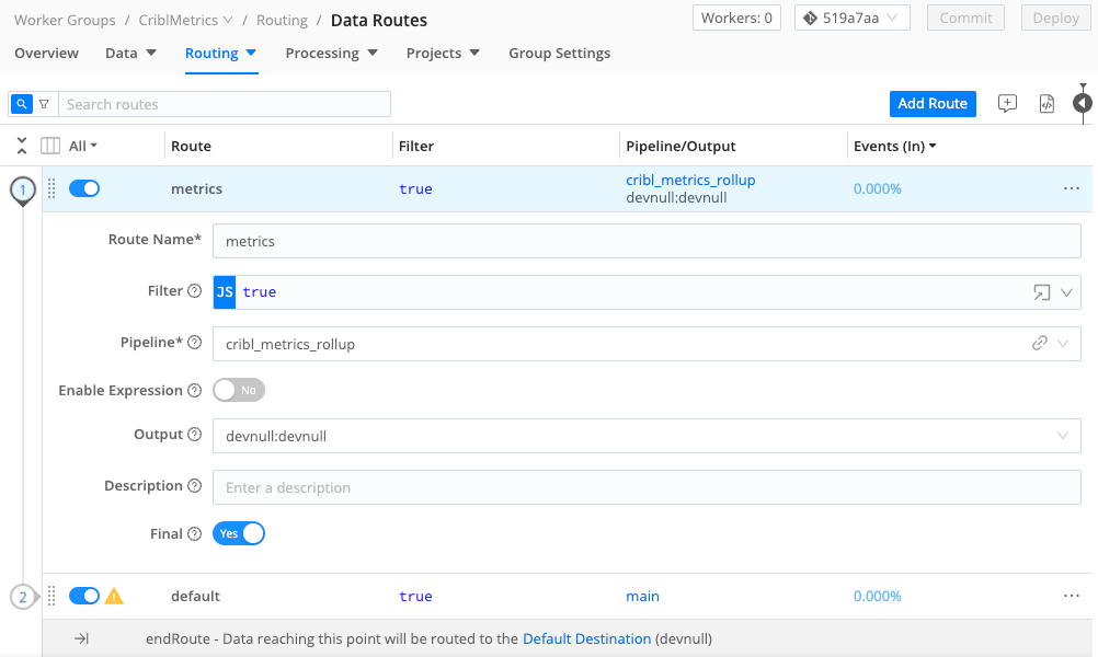 Cribl metrics Route, Pipeline, and Destination wired up