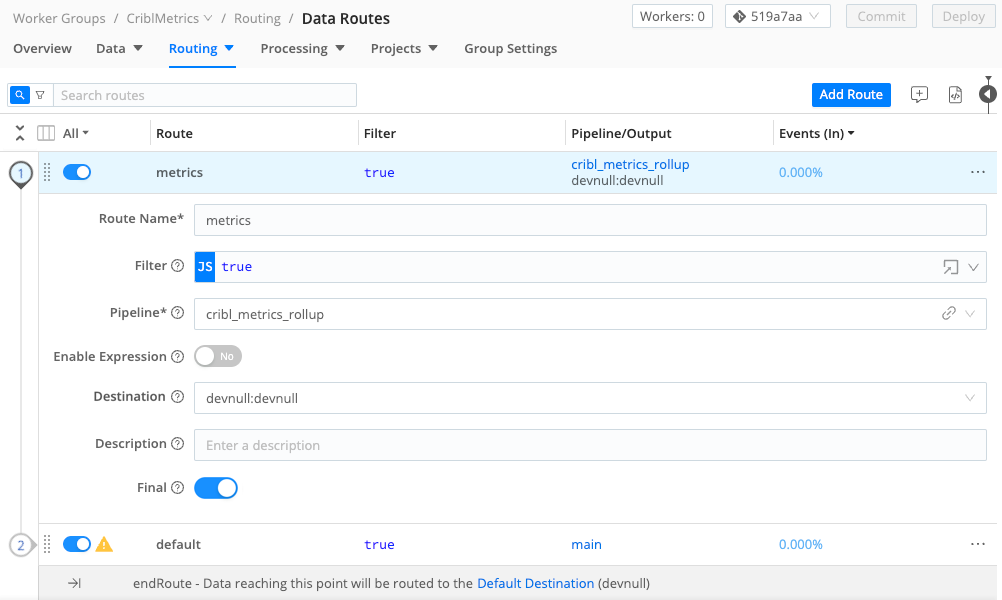Cribl metrics Route, Pipeline, and Destination wired up