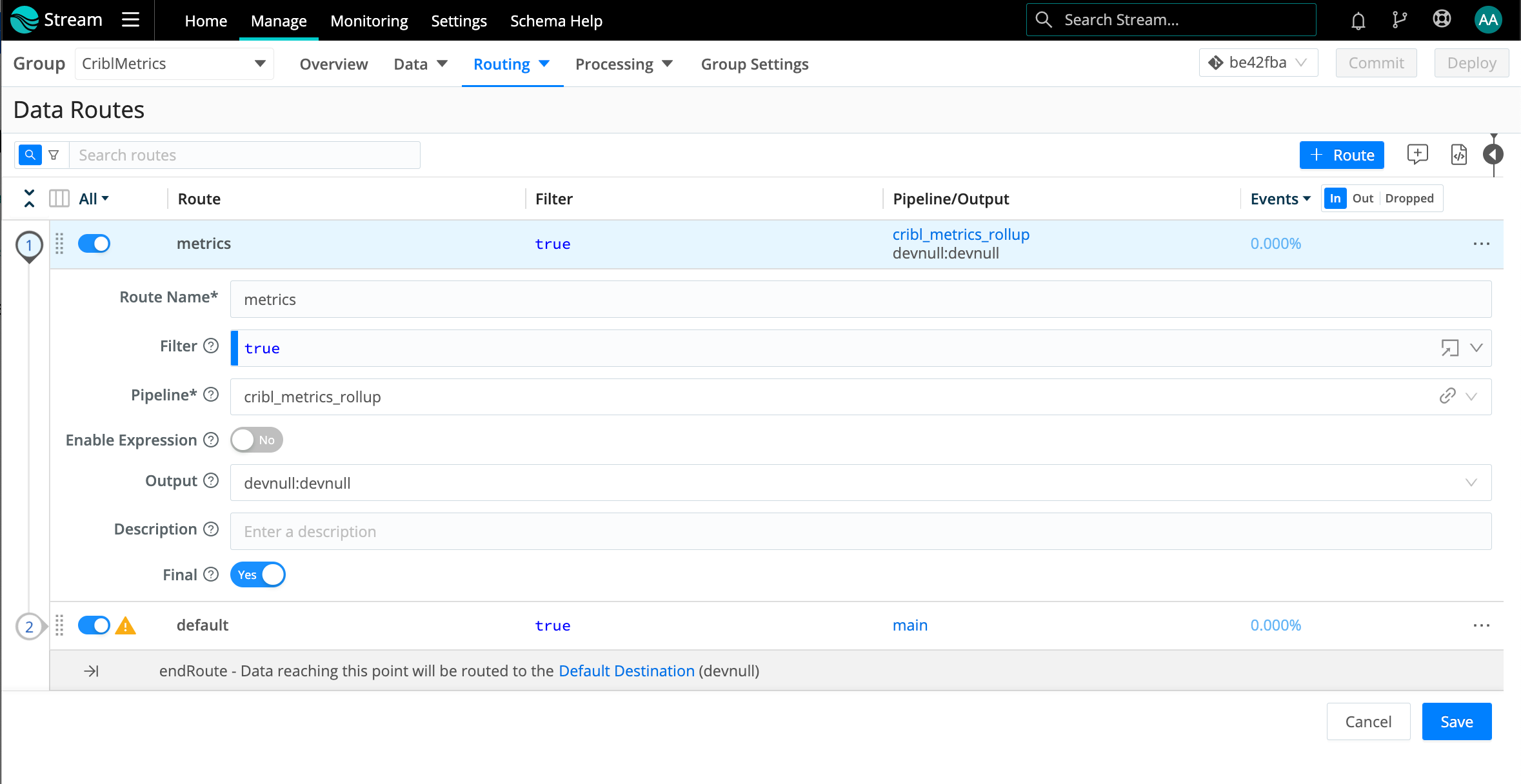 Cribl metrics Route, Pipeline, and Destination wired up