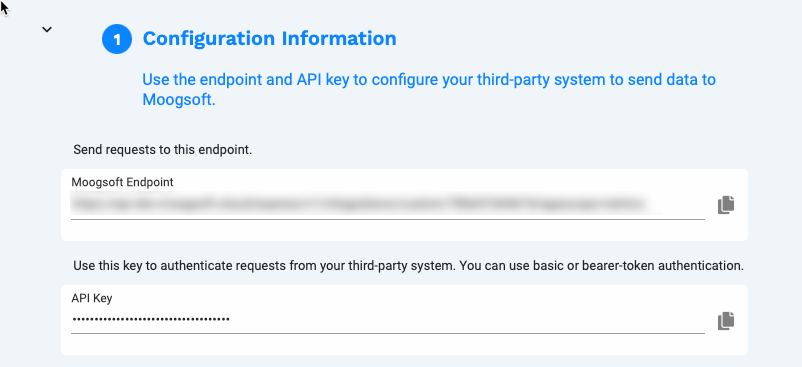 The Moogsoft integration setup screen