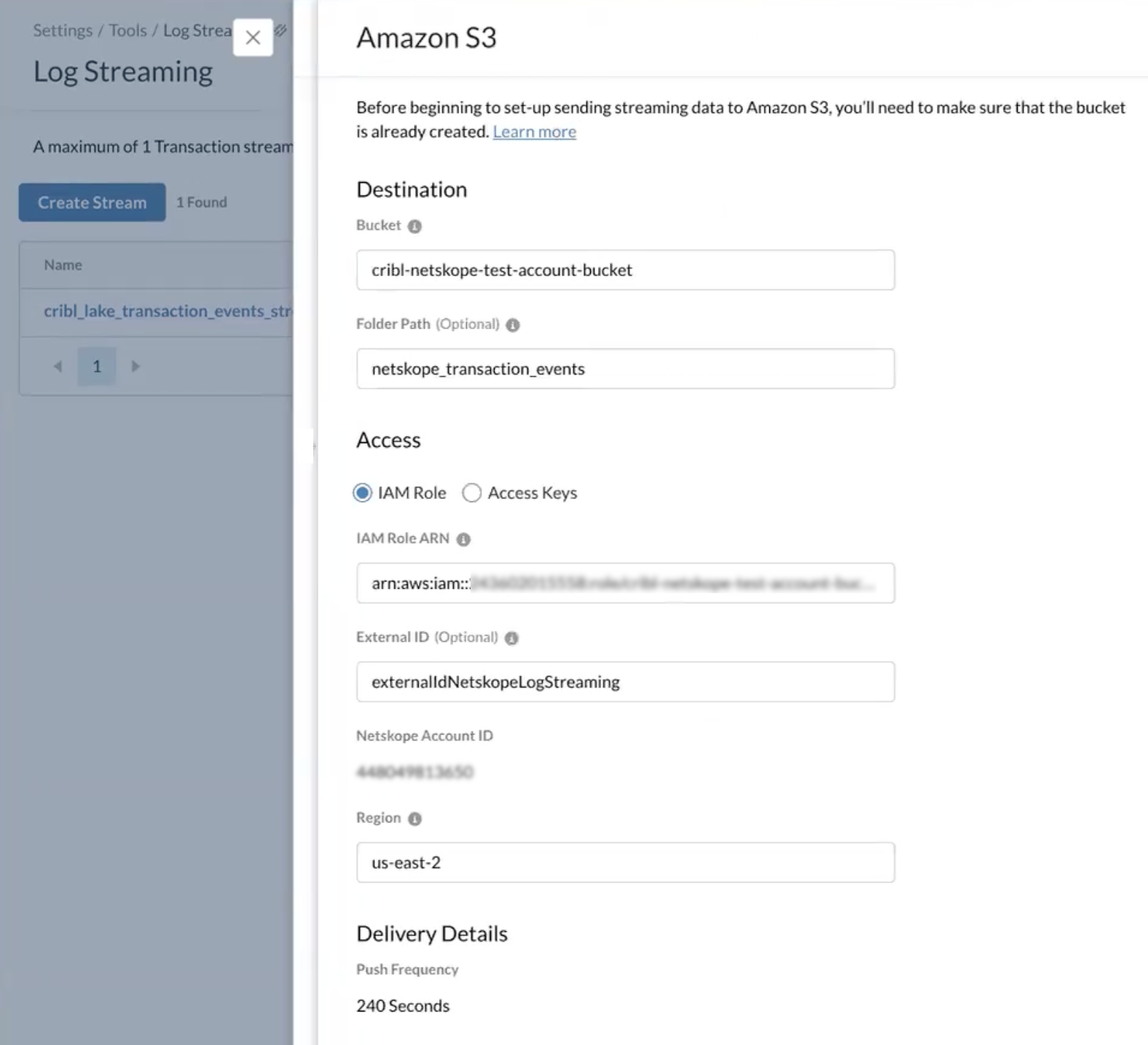 Select the Log Streaming stream in Netskope and open the Destination