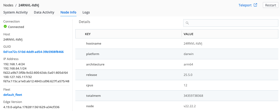 Node info panel data activity