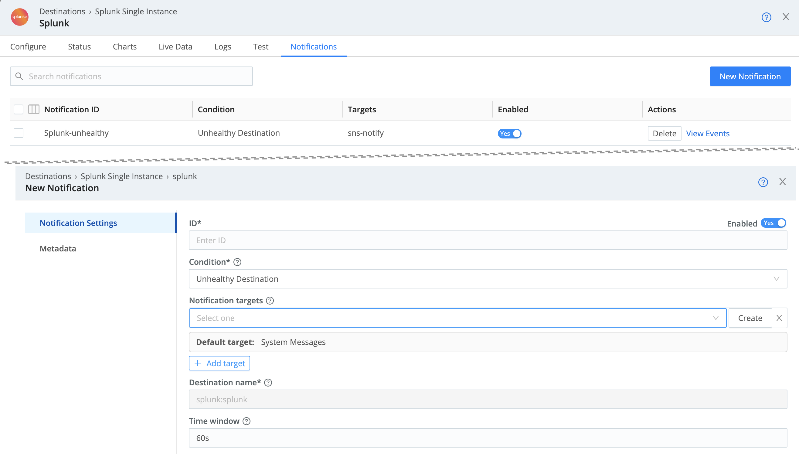 Configuring a Destination Notification (composite screenshot)