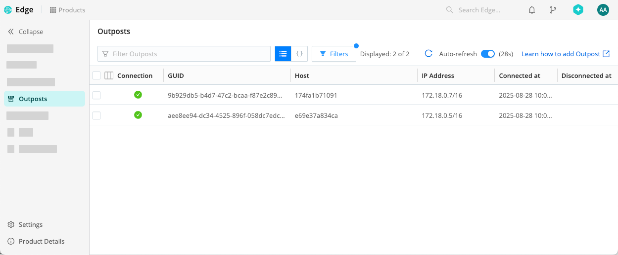 Cribl Edge UI with a list of two Outposts