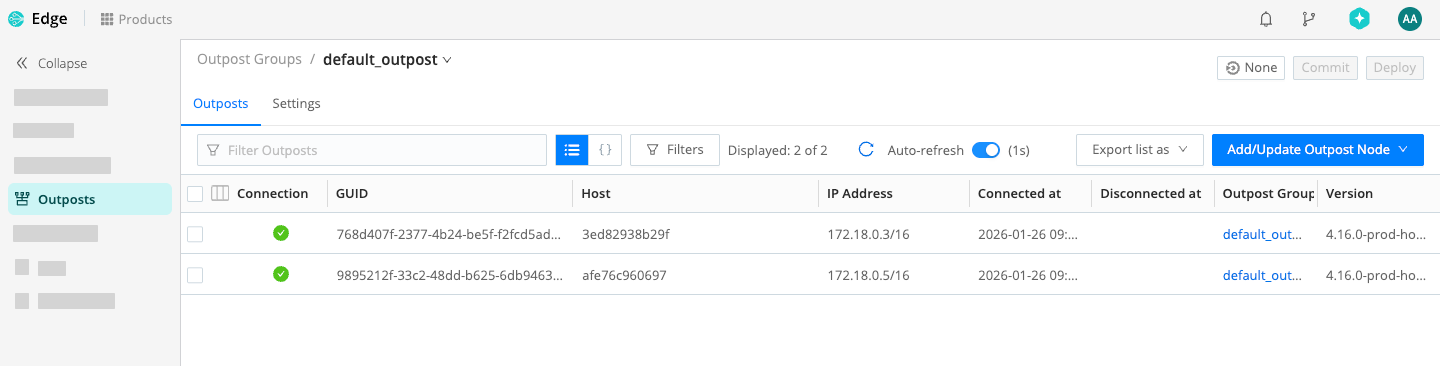 Cribl Edge UI with a list of two Outposts
