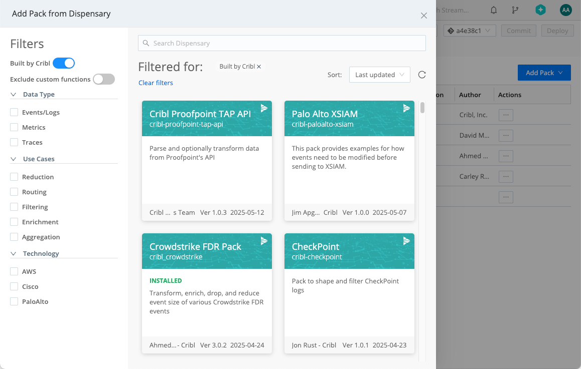 Packs Dispensary drawer open over Cribl UI, with a list of available Packs