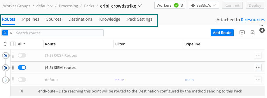 Pack menu showing Routes, Pipelines, Sources, Destinations, and Knowledge Objects
