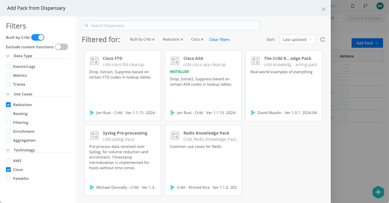 Packs Dispensary drawer open over Cribl UI, with a list of available Packs