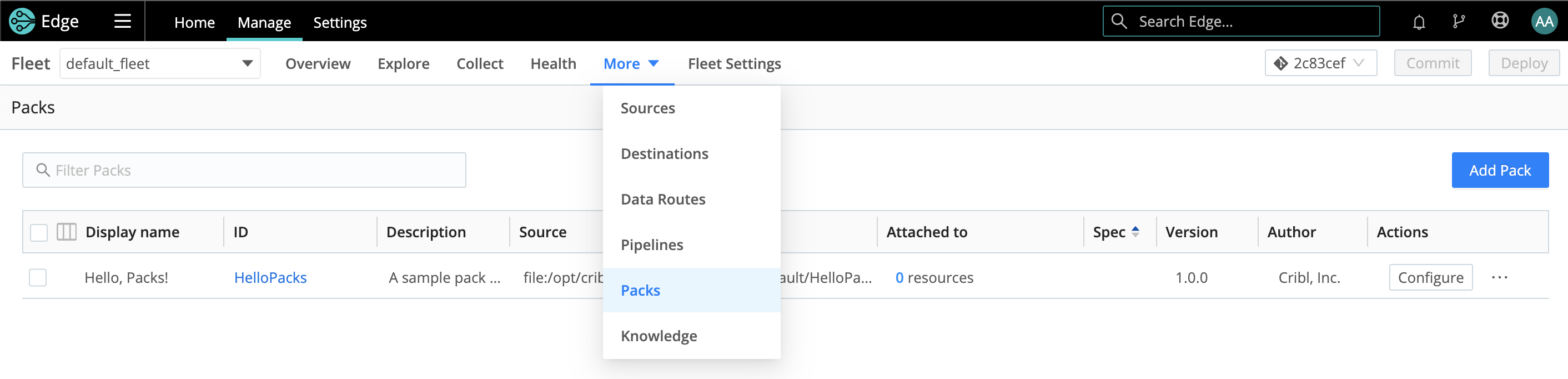 Edge Fleet > Manage Packs page