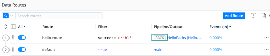 PACK badge in Routing table’s Pipeline column