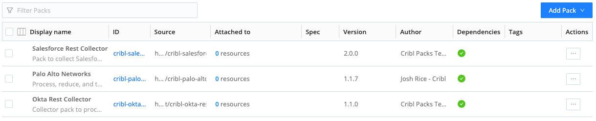 Manage Packs page