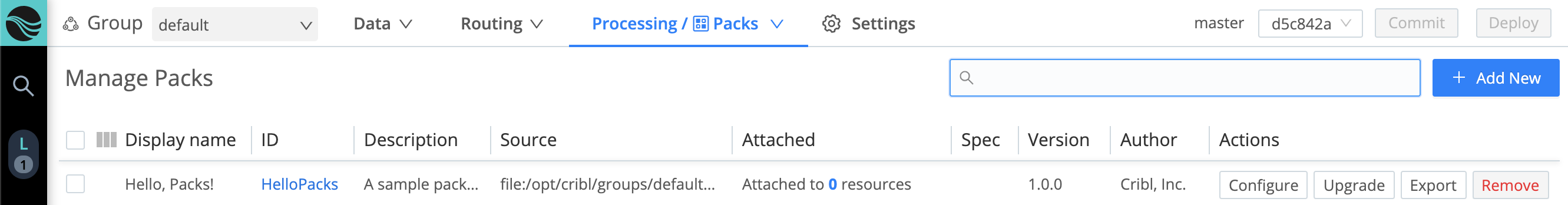 Manage Packs page with example Pack