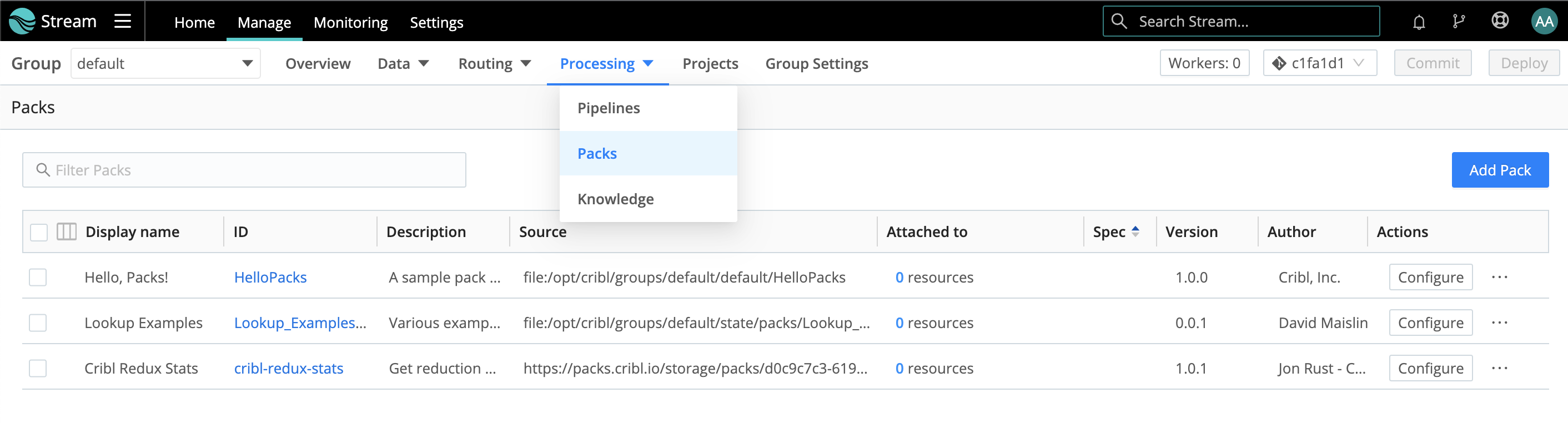 Stream Group > Manage Packs page