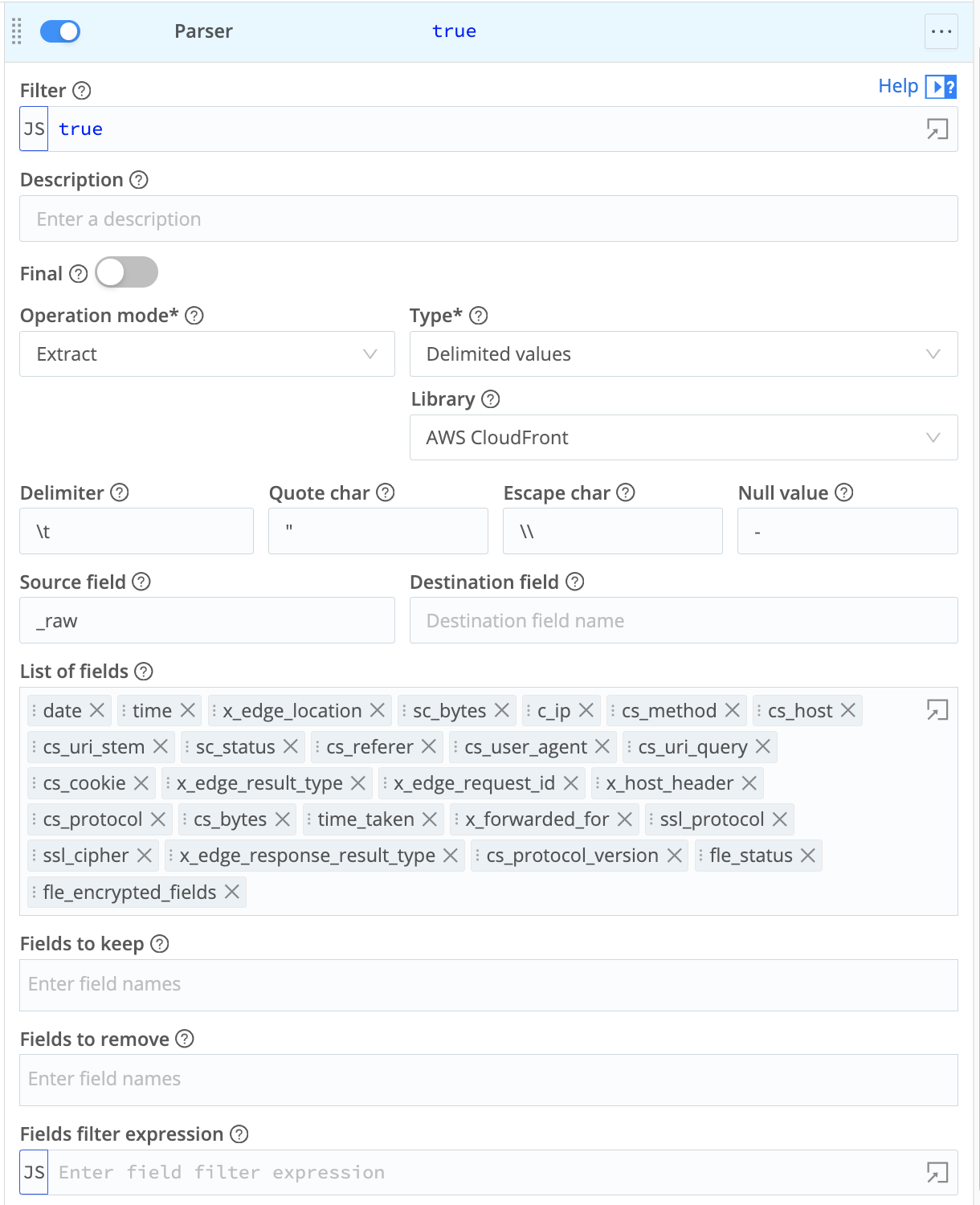 Cribl Stream Parser Function configuration, showing Extract mode and AWS CloudFront Library selected.