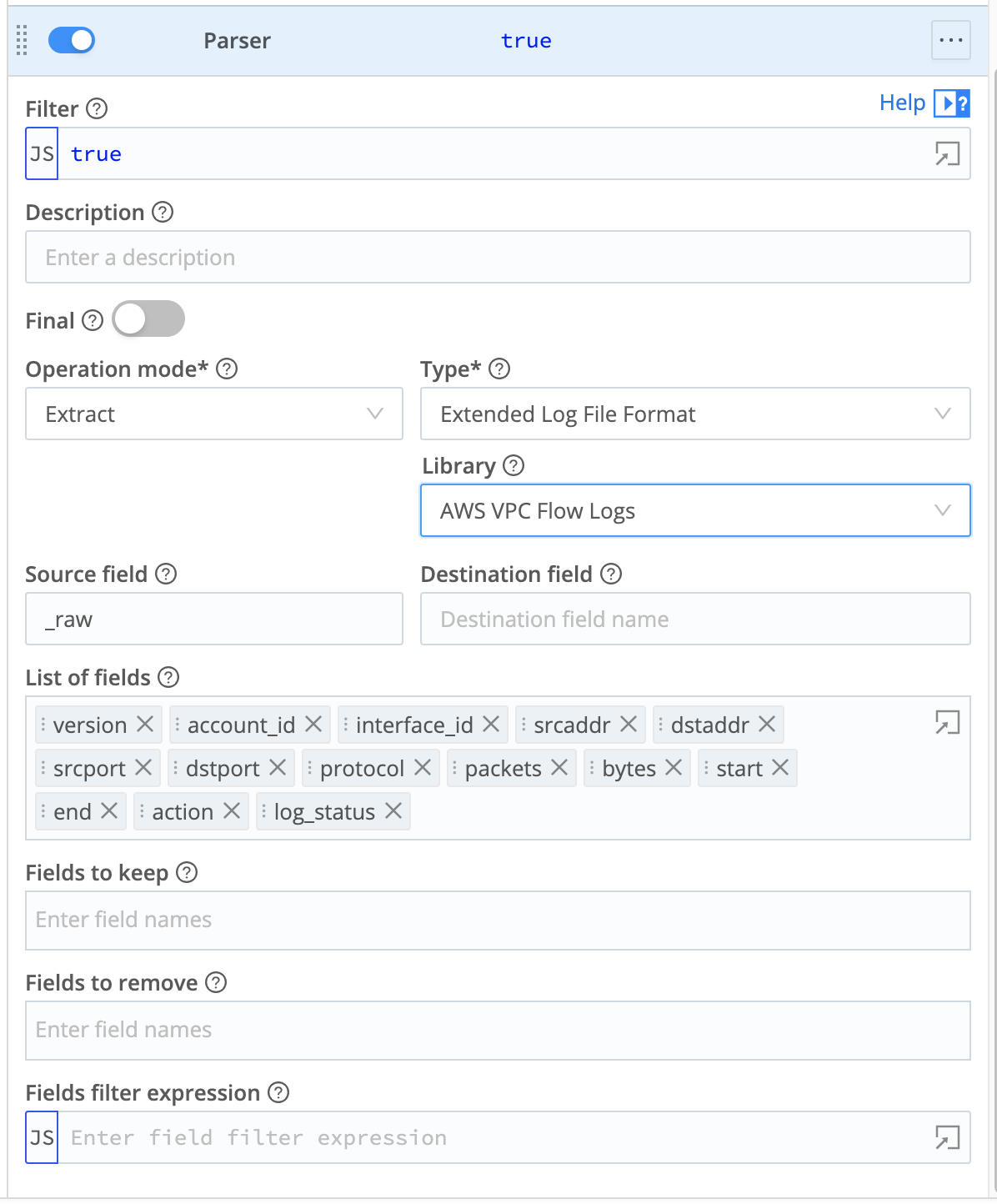 Cribl Stream Parser Function configuration, showing Extract mode and AWS VPC Flow Logs Library selected.