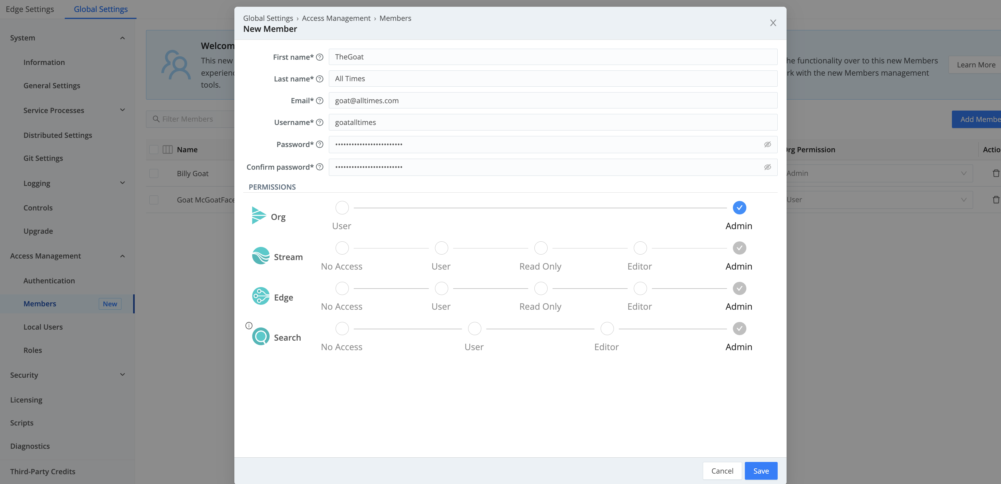 Organization > Members/Permissions UI