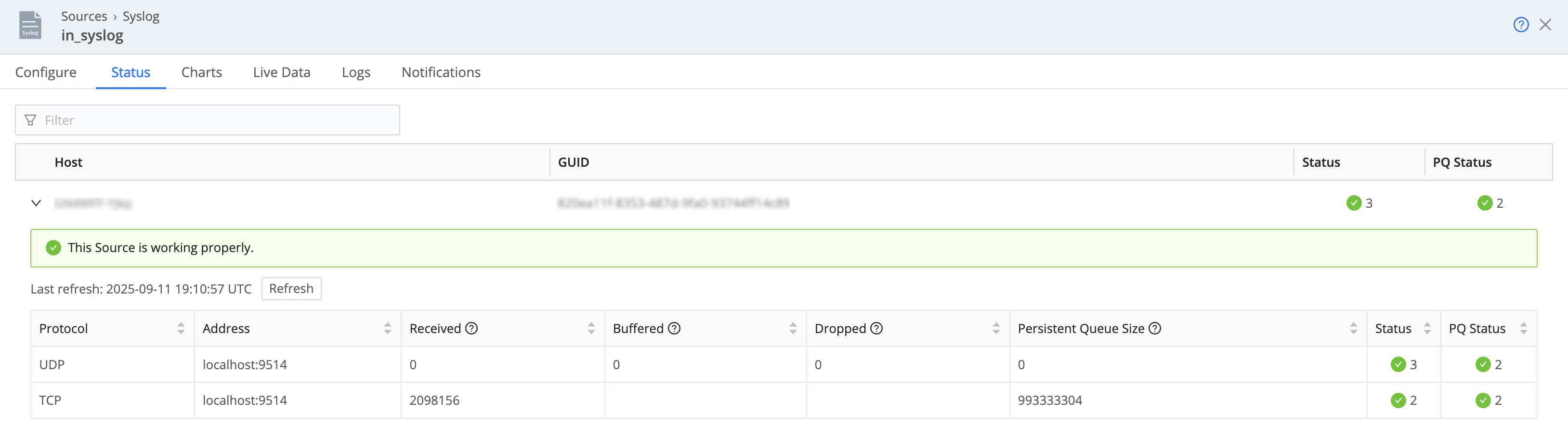 Example of the Source Status tab