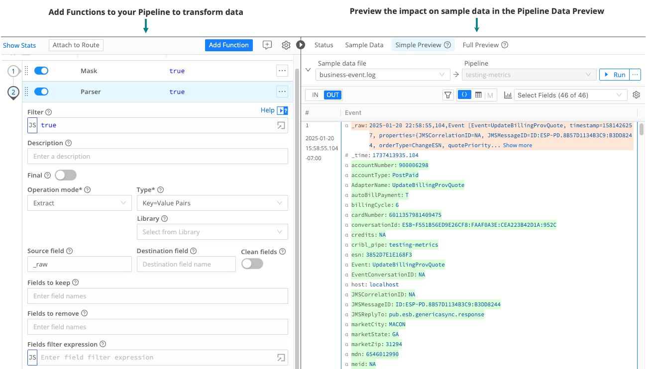 Add Functions to your Pipeline to transform data, then preview the impact on sample data in Data Preview