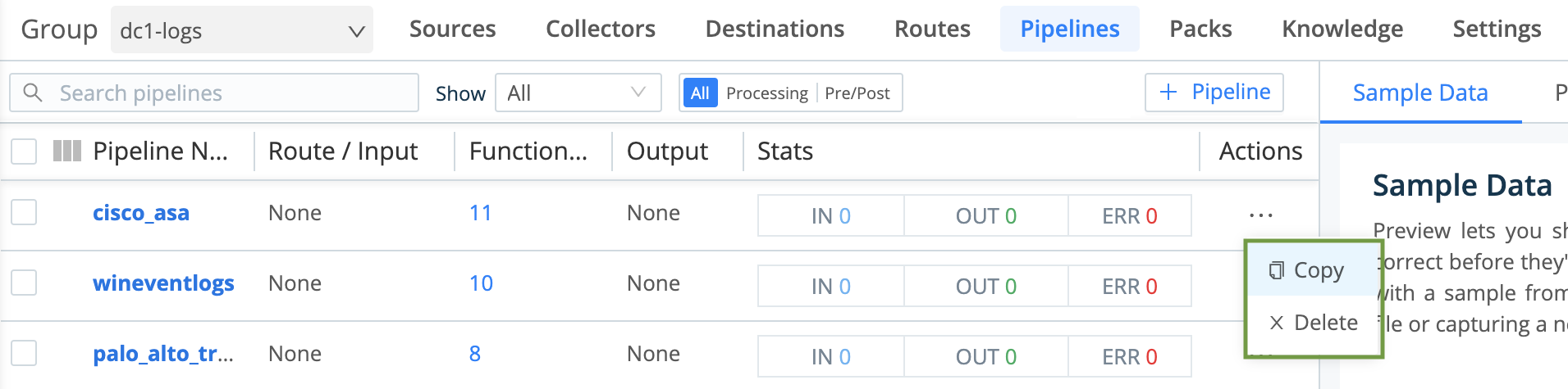 Pipeline > Actions menu