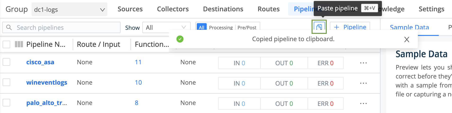 Paste button for copied Pipeline