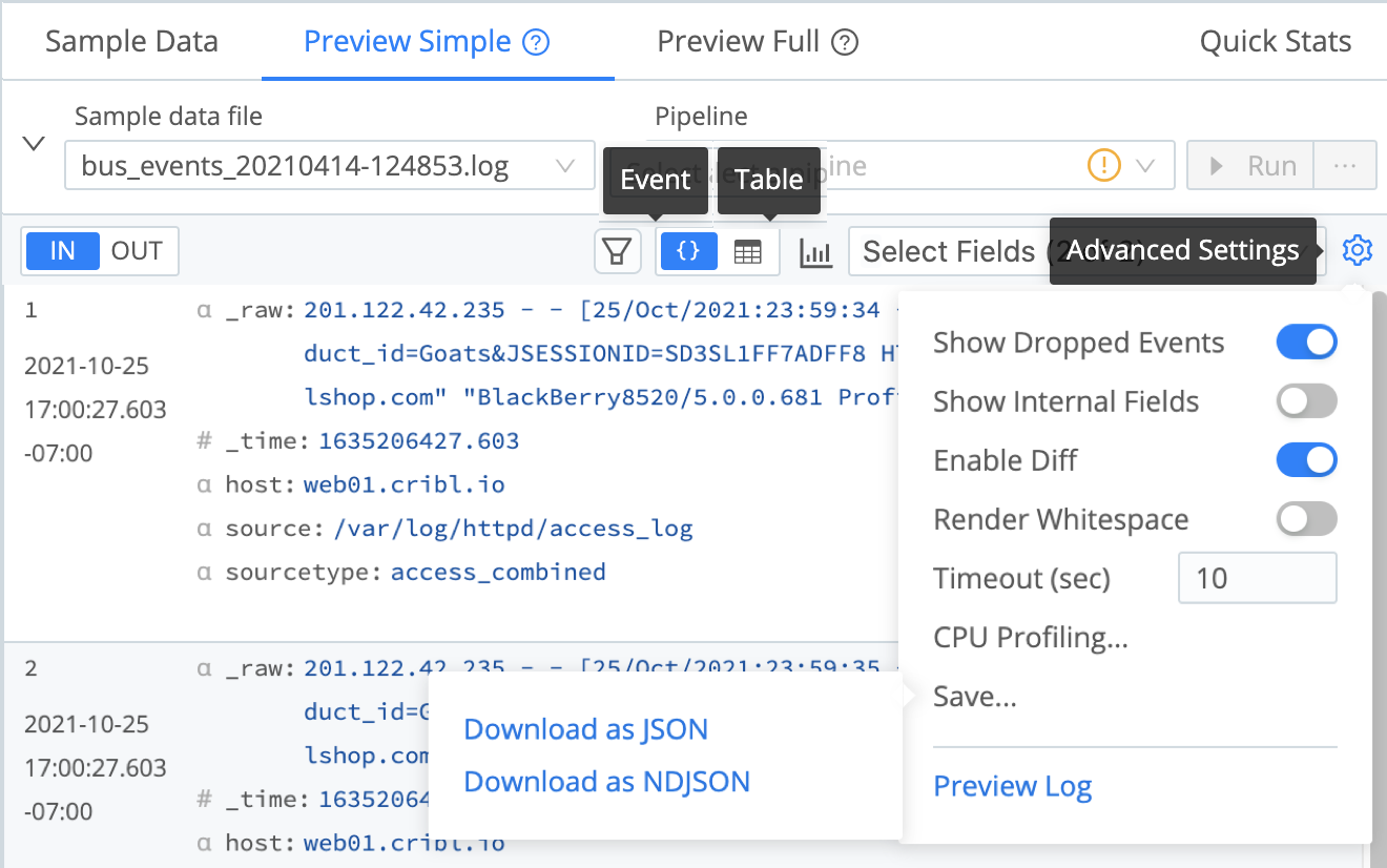 Event, Table, and Advanced options (composite screenshot)