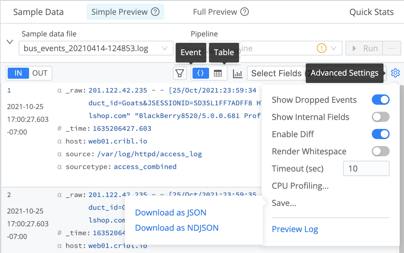 Event, Table, and Advanced options (composite screenshot)