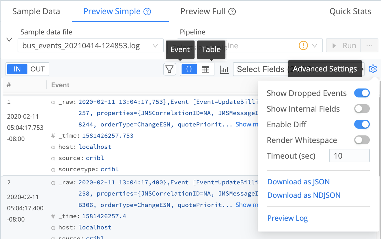 Event, Table, and Advanced options (composite screenshot)