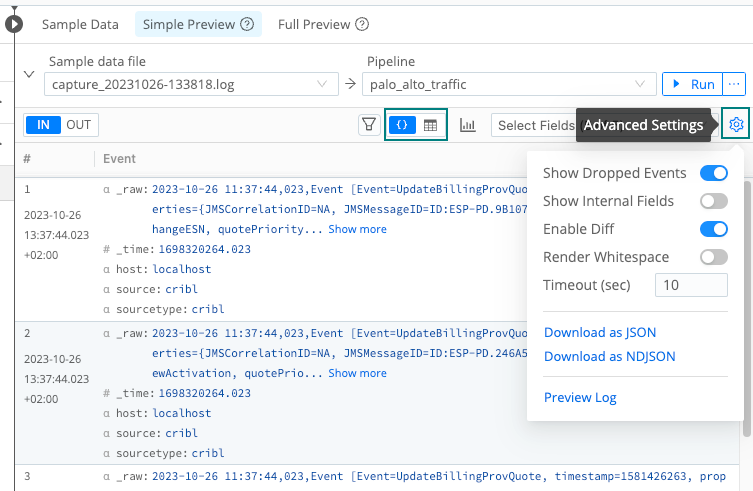 Event, Table, and Advanced options (composite screenshot)