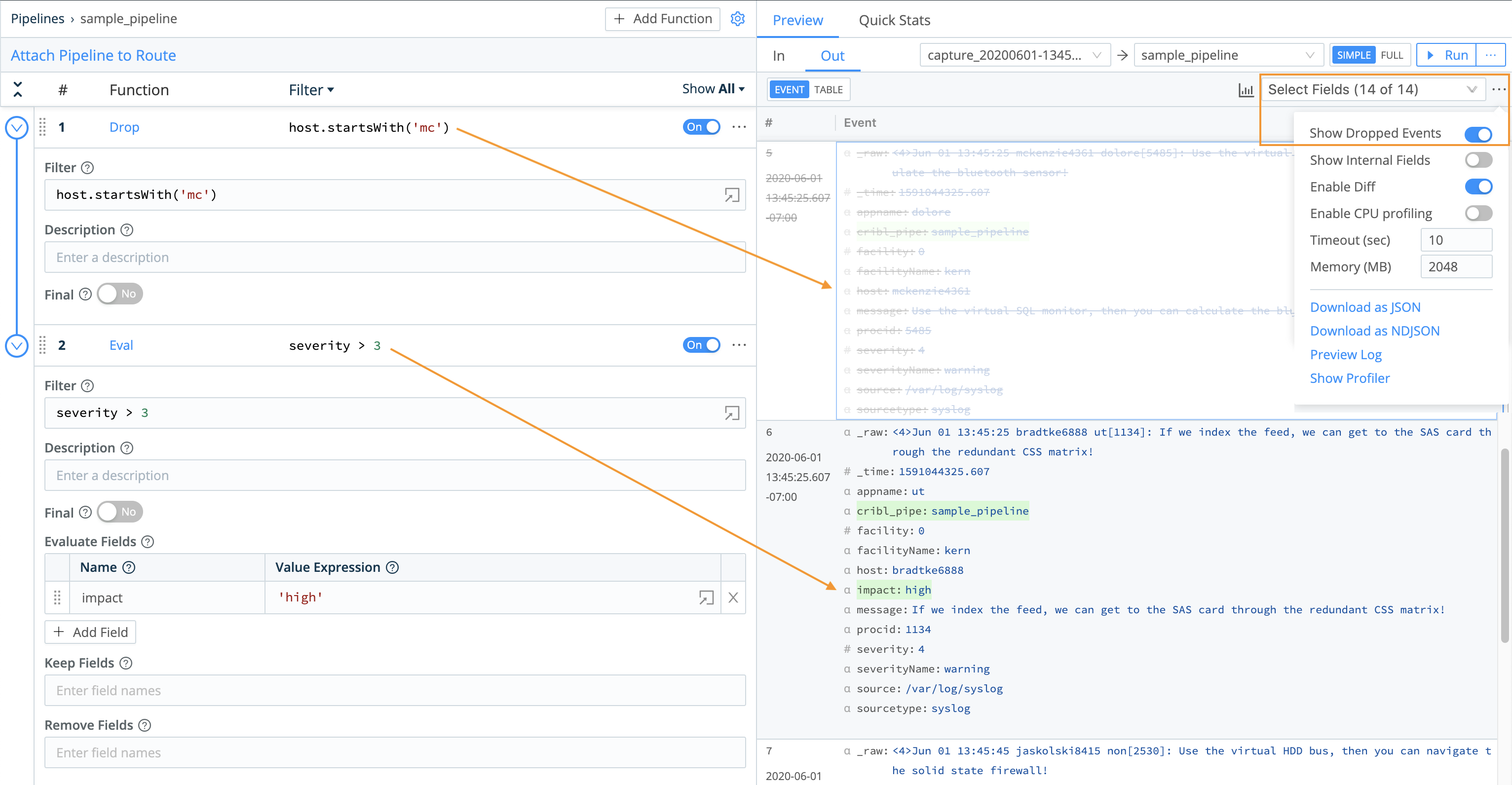 Dropped and added fields in a Pipeline&rsquo;s output