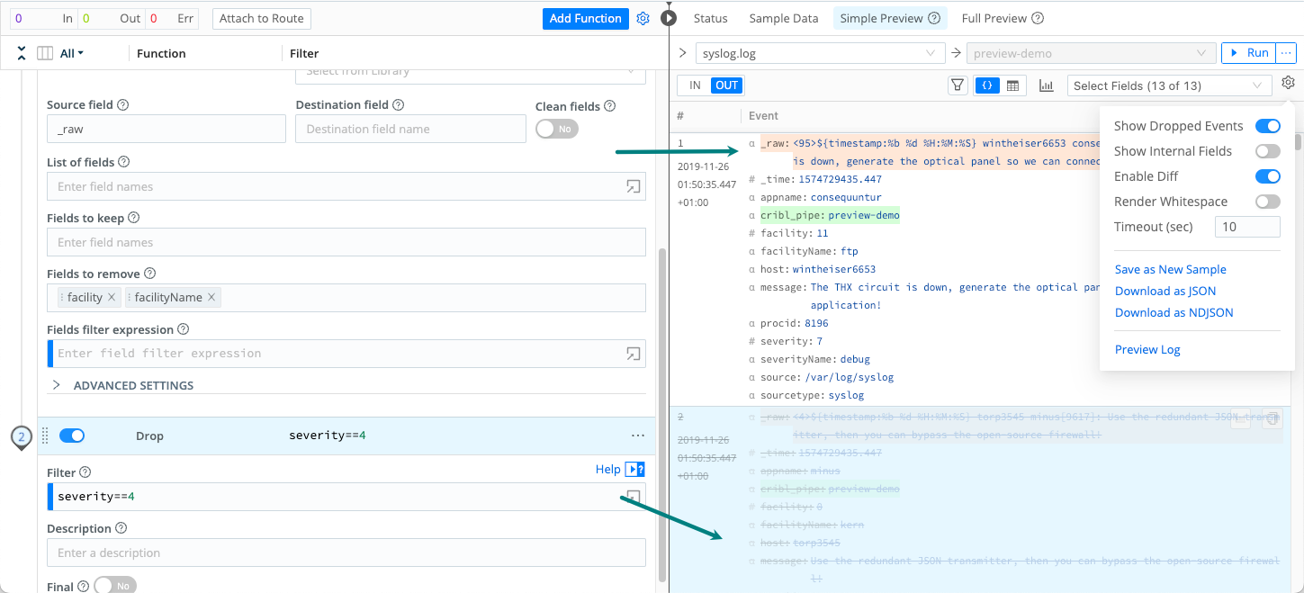 Dropped and added fields in a Pipeline&rsquo;s output
