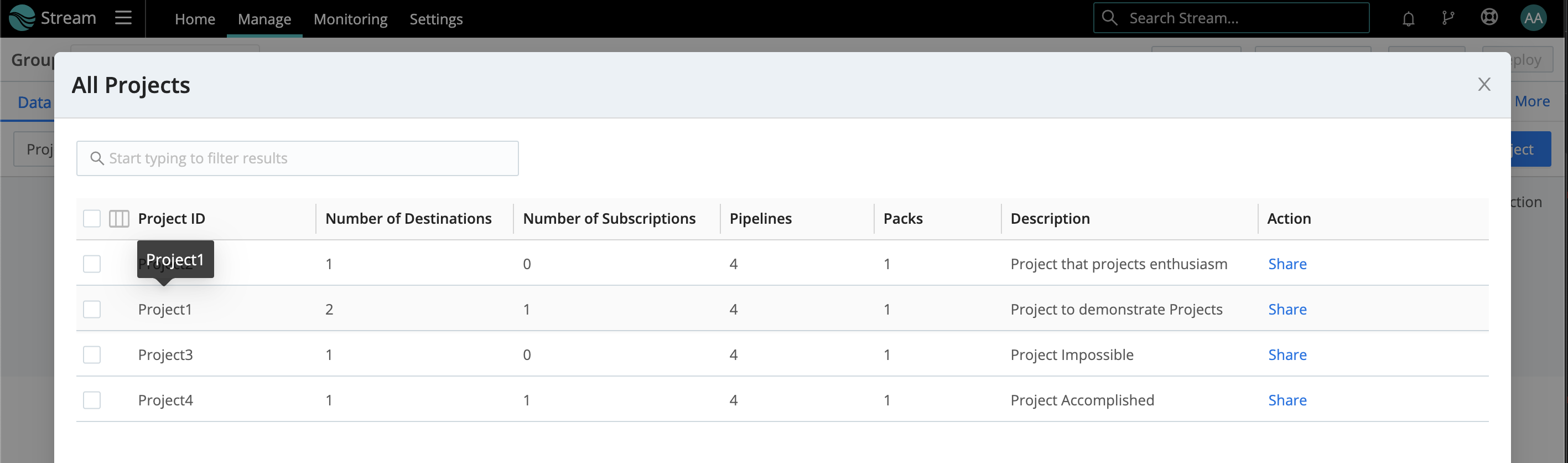 View all > All Projects modal