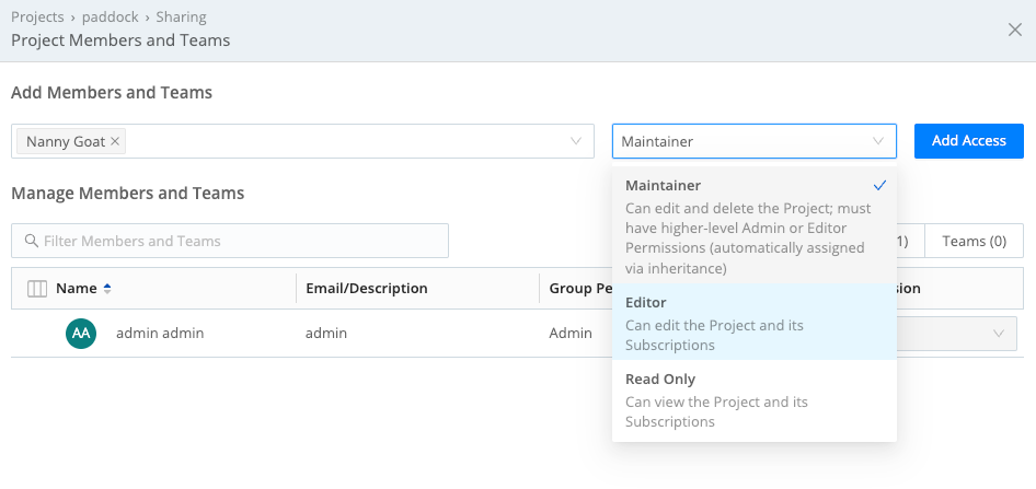 Project Sharing drawer - assigning Editor Permission