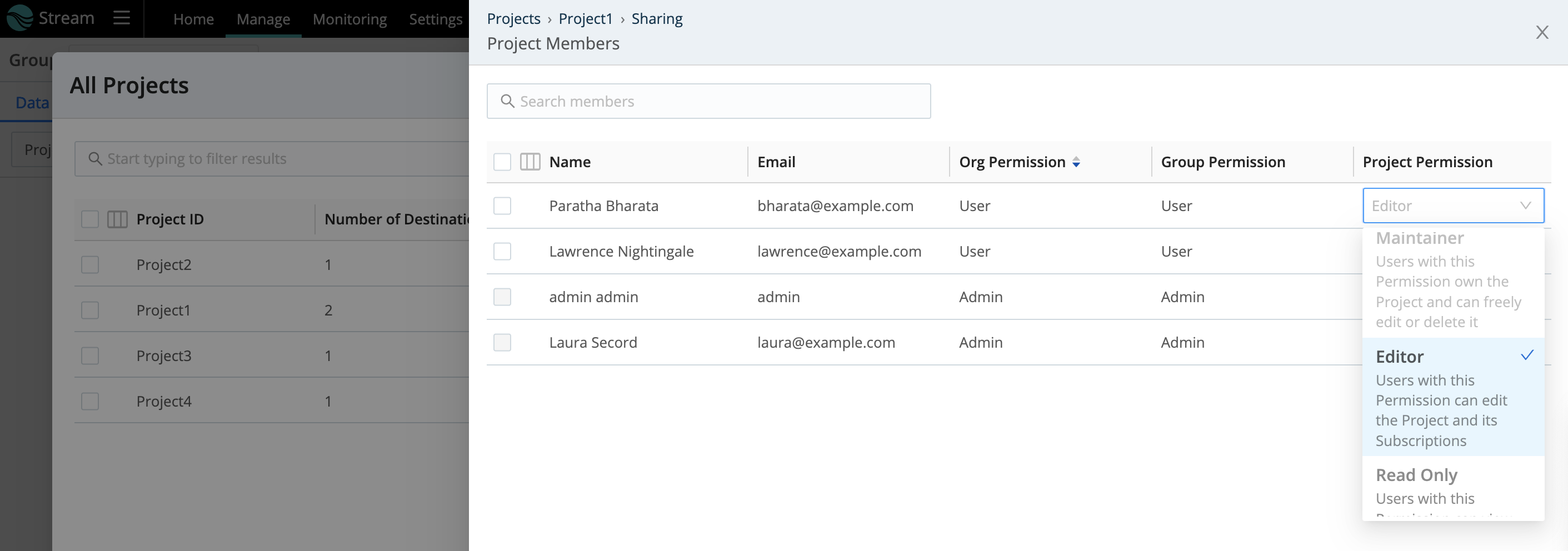 Project Sharing drawer - assigning Editor Permission