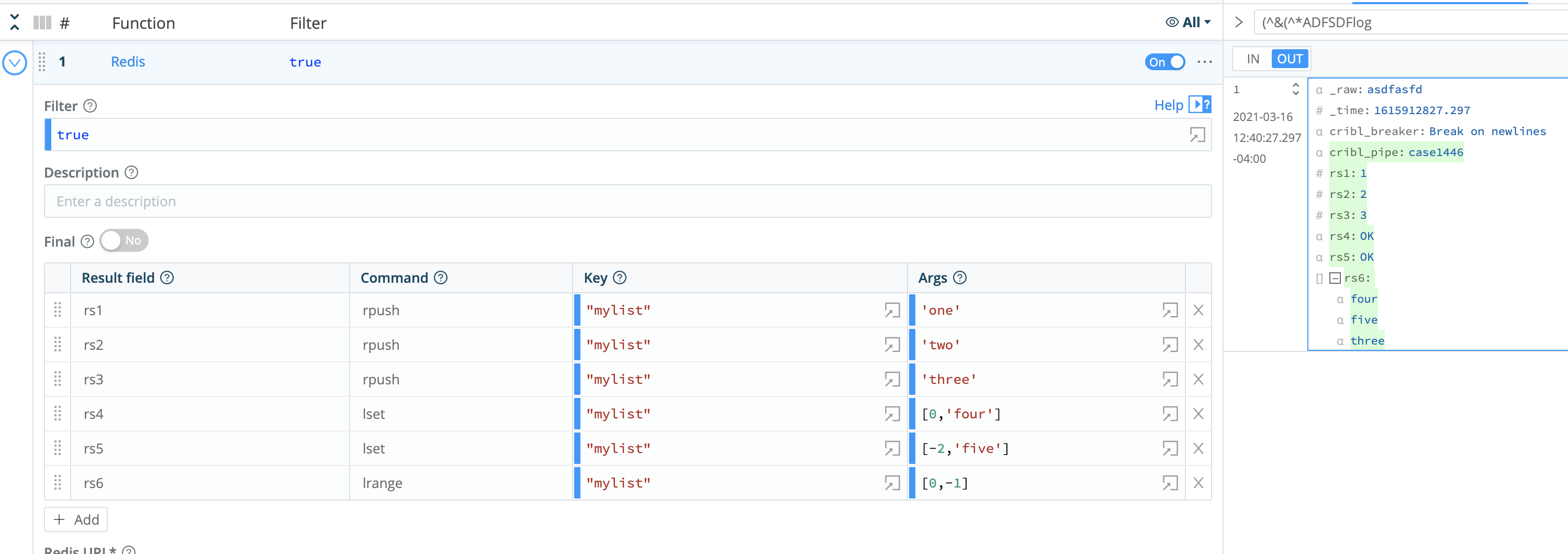 Redis Function, arrays of multiple arguments, and sample output