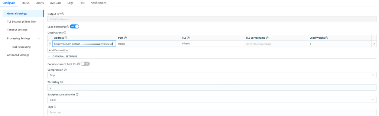 Example Cribl TCP Destination config