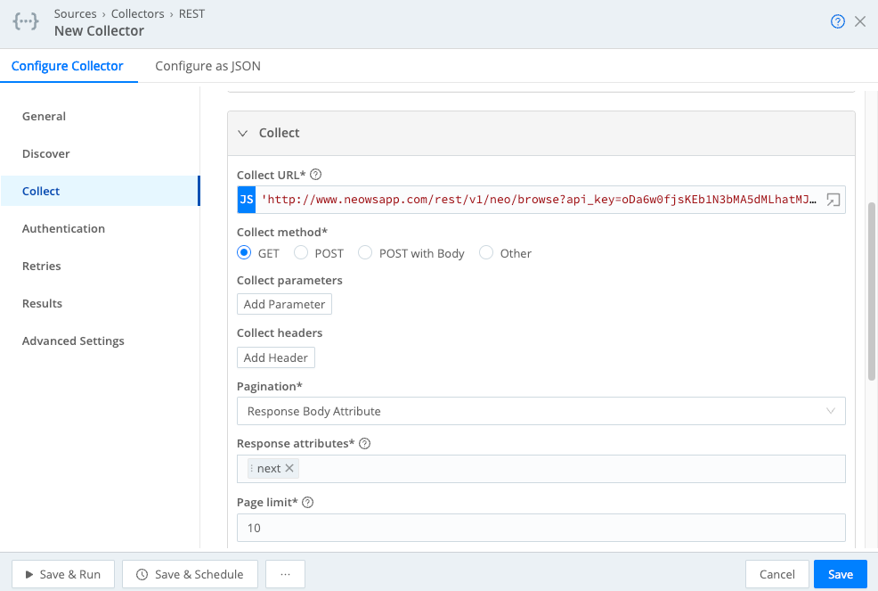 Collector configuration for HTTP GET, paginated via URL Attribute