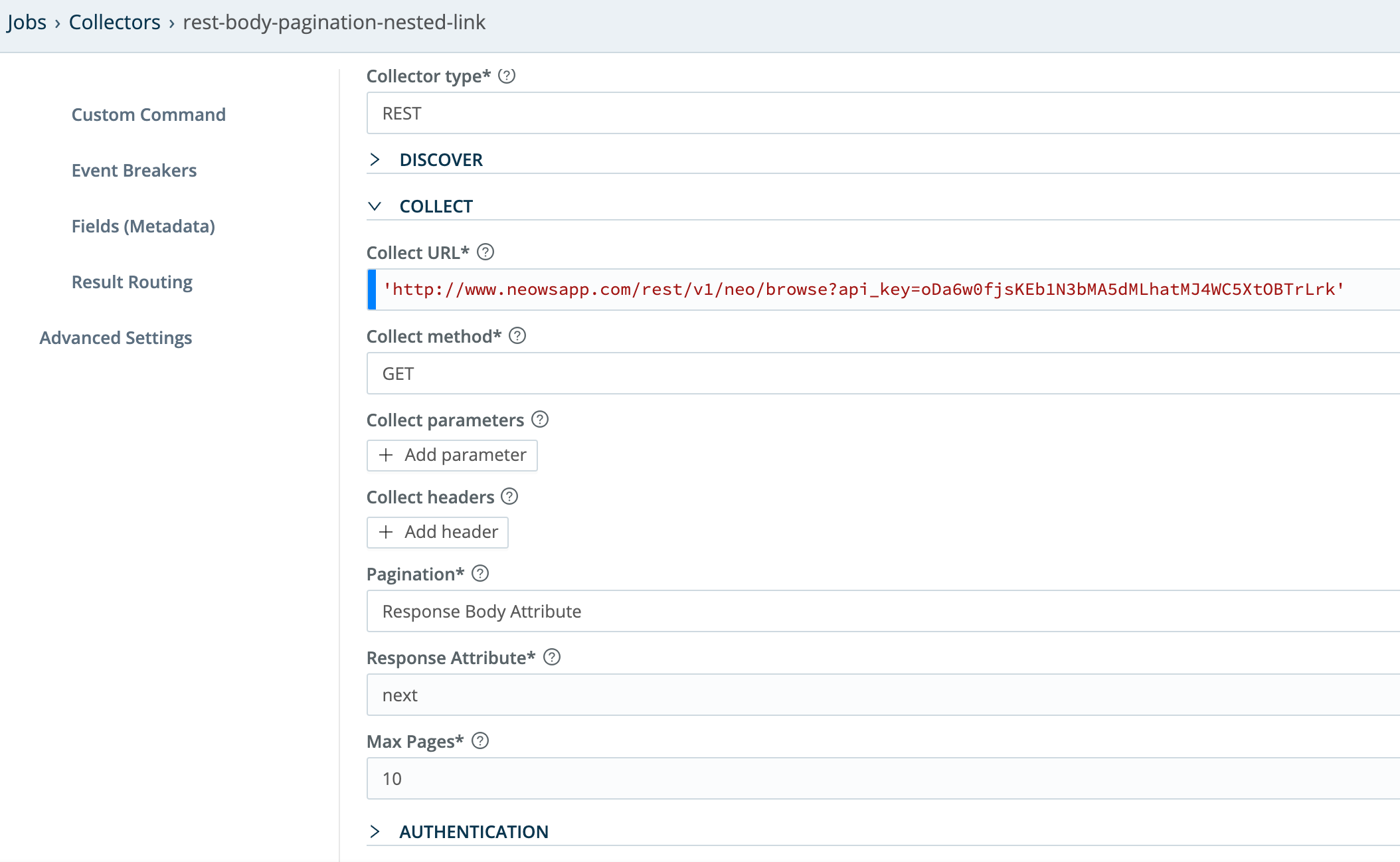 Collector configuration for HTTP GET, paginated via URL Attribute