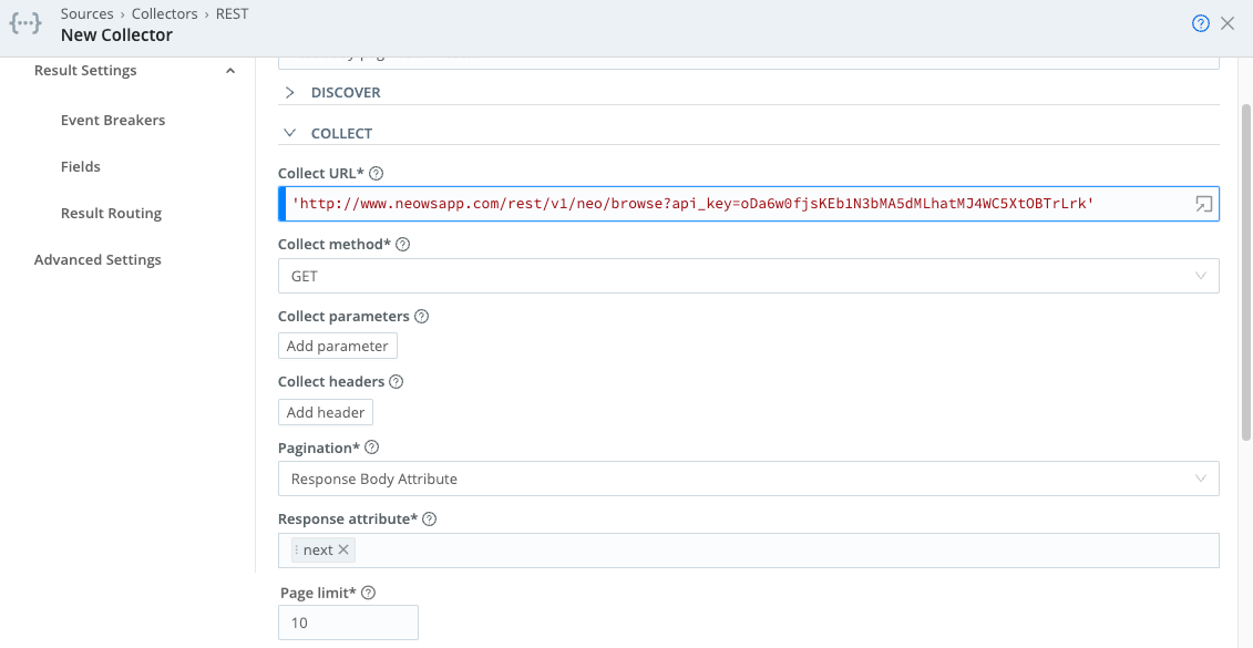 Collector configuration for HTTP GET, paginated via URL Attribute