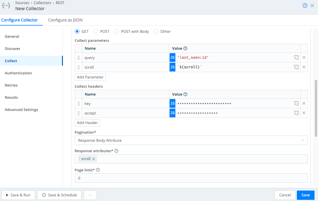 Collector configuration for HTTP GET, paginated via Response Body Attribute