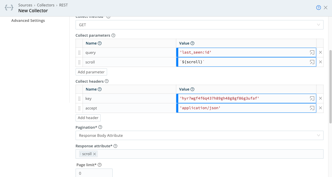 Collector configuration for HTTP GET, paginated via Response Body Attribute