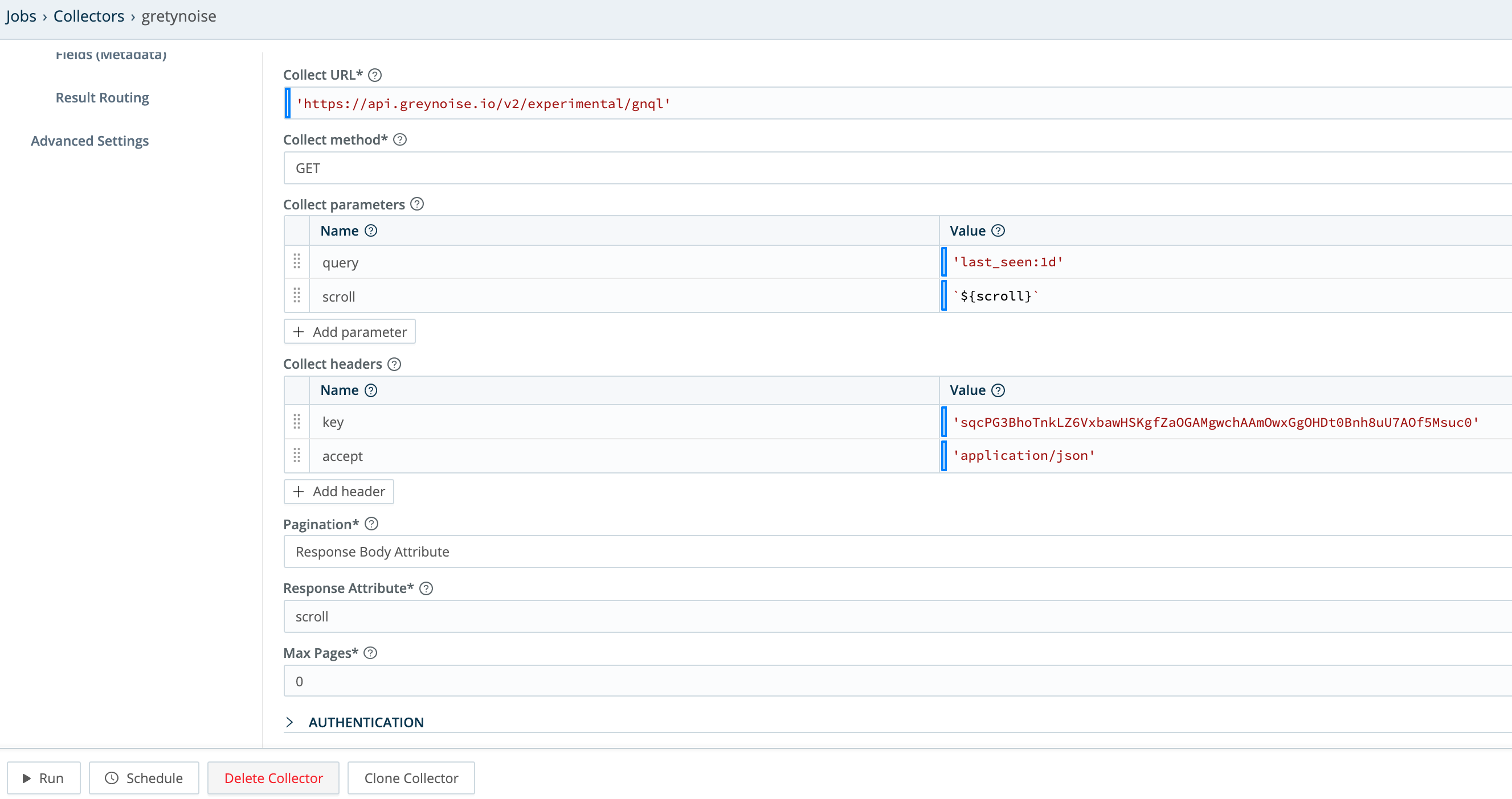 Collector configuration for HTTP GET, paginated via Response Body Attribute