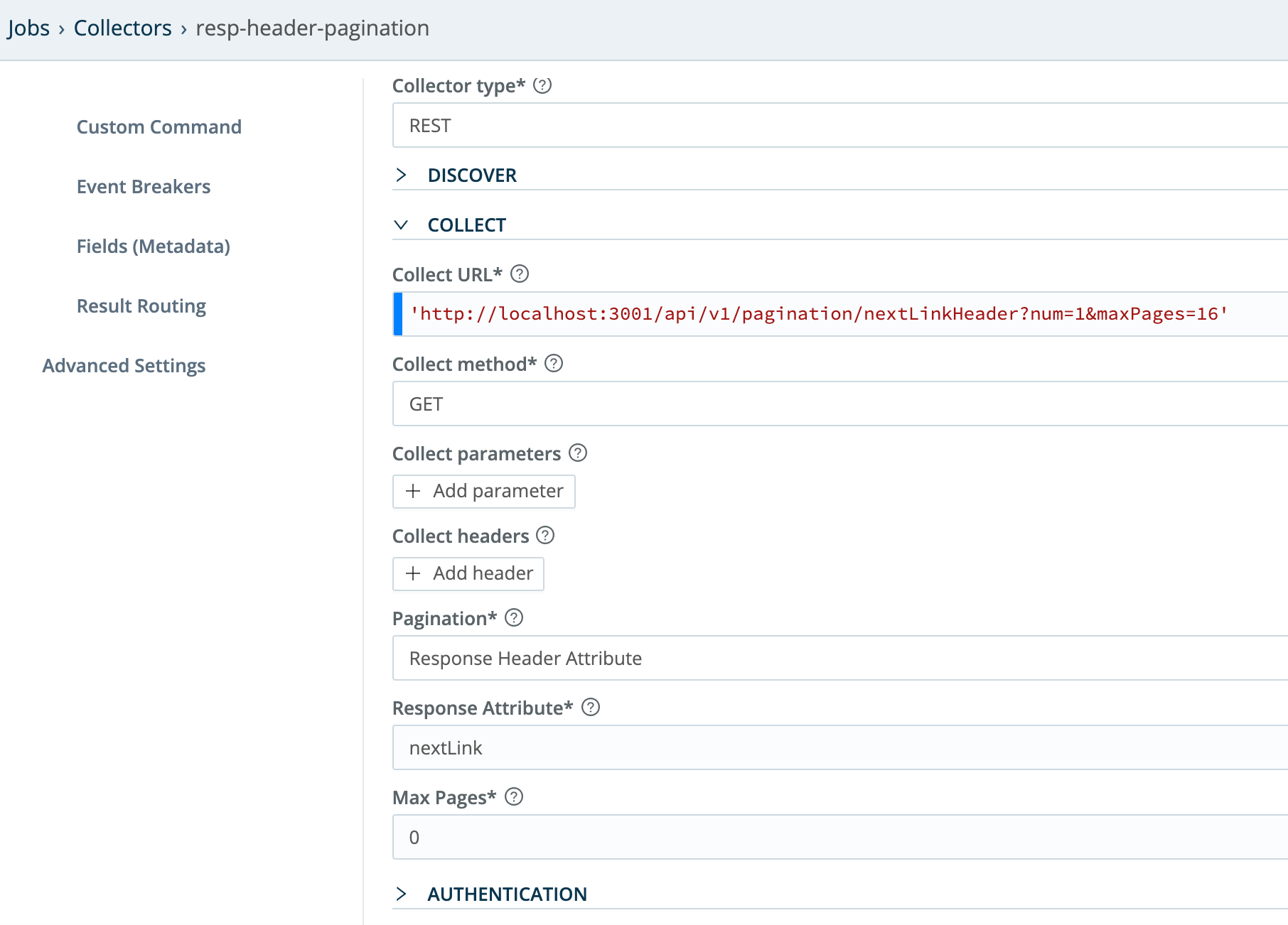 Collector configuration for HTTP GET, paginated via Response Header URL